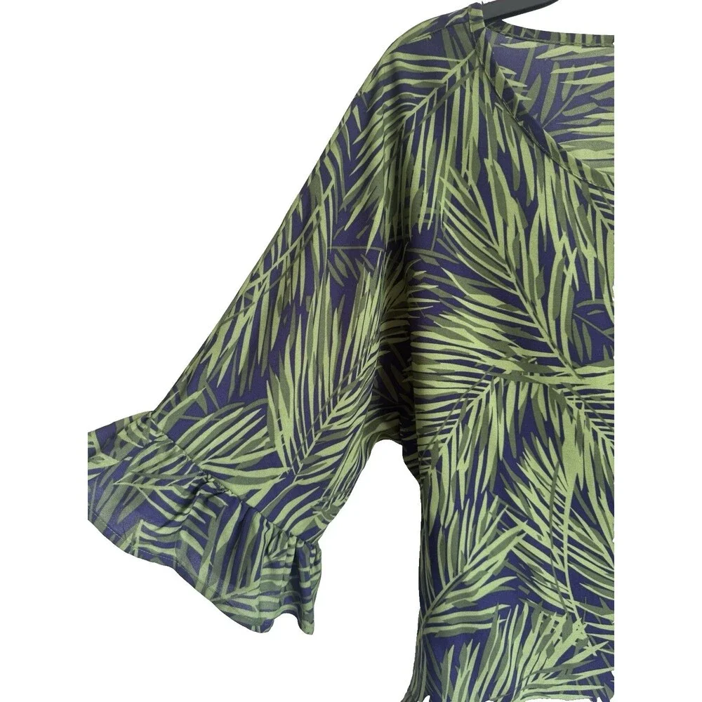Bon Worth Tropical Leaf Print Blouse Ruffle Oversized Boxy Size Small